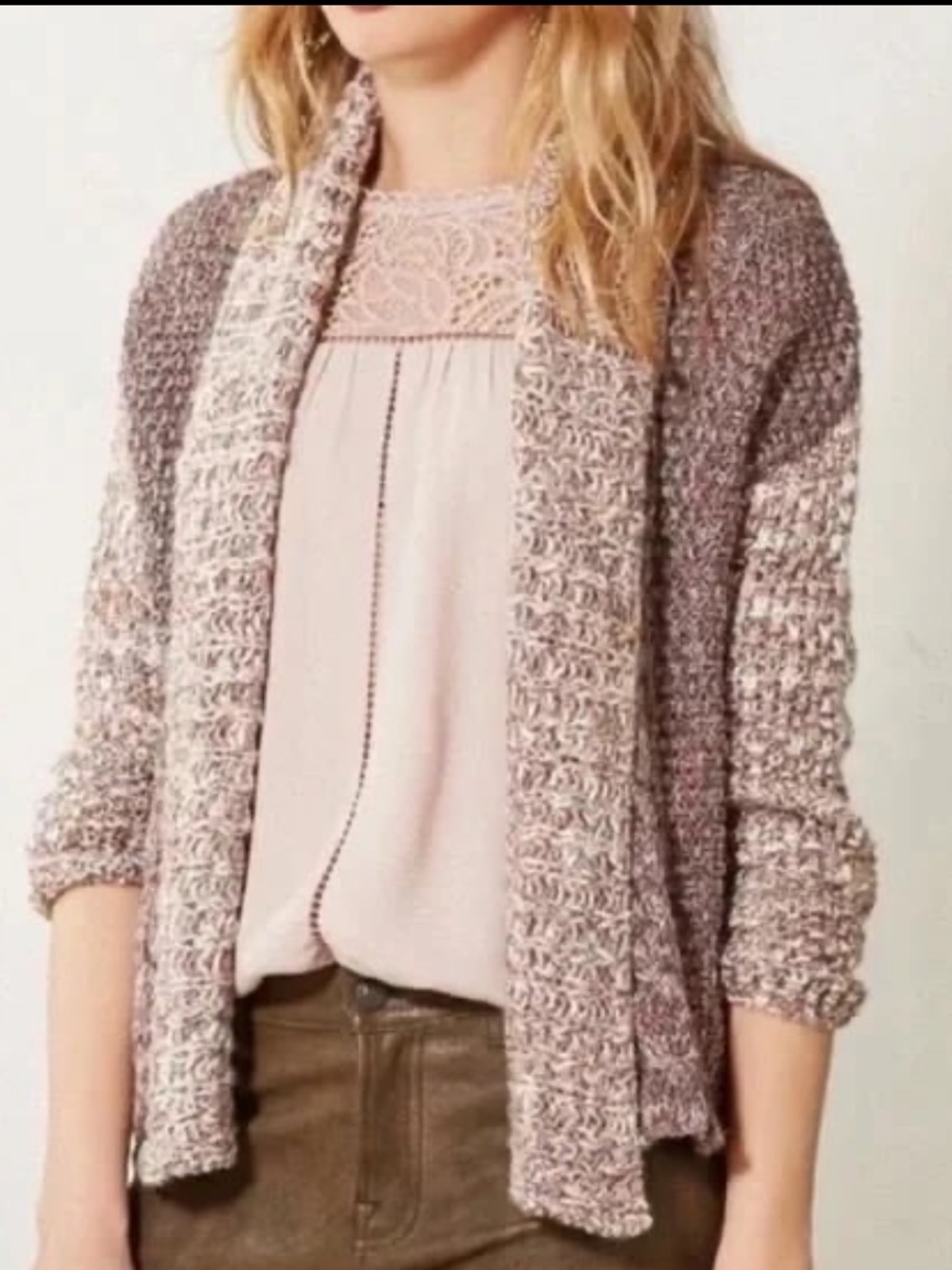 Anthropologie Moth Two-Tone Blush Open-Front Knit Cardigan